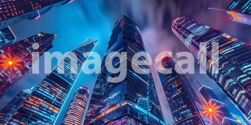 Modern city Skyscrapers at night with network connection concept - Ai Generated
