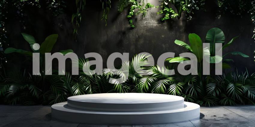 Podium for product stand with plant background and cinematic light, front view - Ai Generated