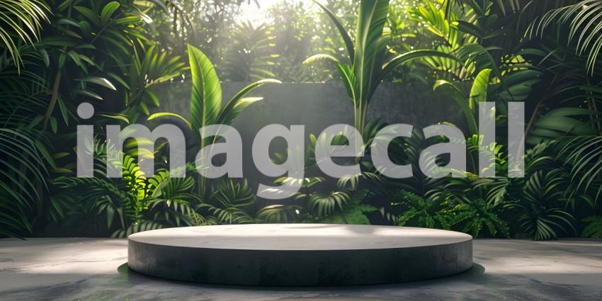 Podium for product stand with plant background and cinematic light, front view - Ai Generated