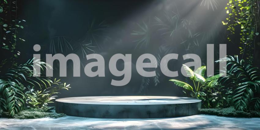 Podium for product stand with plant background and cinematic light, front view - Ai Generated