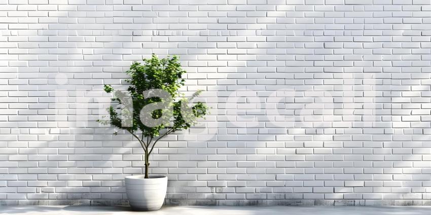 Tree in pot standing at white brick wall background - Ai Generated