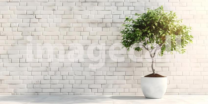 Tree in pot standing at white brick wall background - Ai Generated