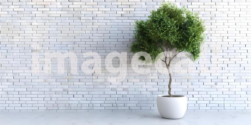 Tree in pot standing at white brick wall background - Ai Generated