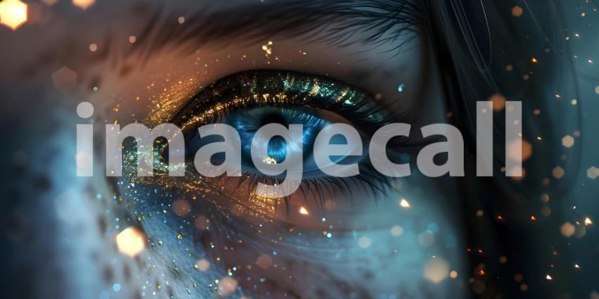 Closeup of Eye with Bokeh light, shimmering blur spot lights - A