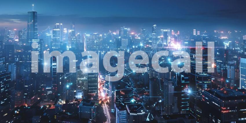 Modern city Skyscrapers at night with network connection concept - Ai Generated