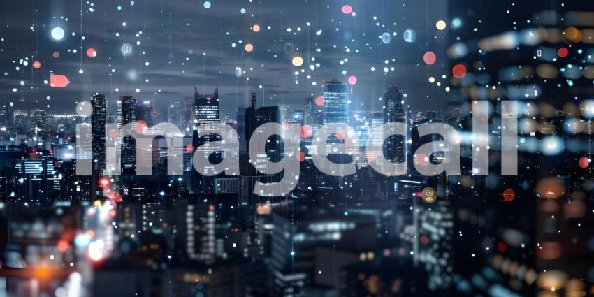 Modern city Skyscrapers at night with network connection concept - Ai Generated