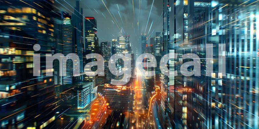 Modern city Skyscrapers at night with network connection concept - Ai Generated