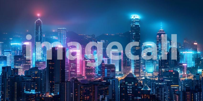 Modern city Skyscrapers at night with network connection concept - Ai Generated