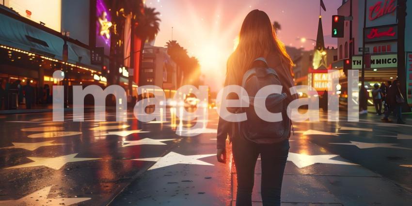 Young woman traveler is visiting at Avenue of Stars at night - Ai Generated