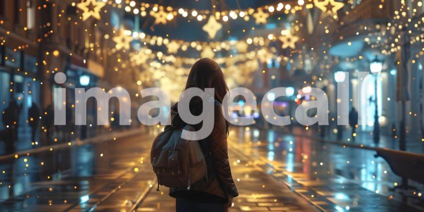 Young woman traveler is visiting at Avenue of Stars at night - Ai Generated