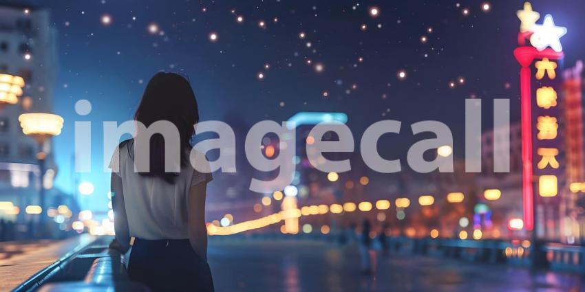 Young woman traveler is visiting at Avenue of Stars at night - Ai Generated