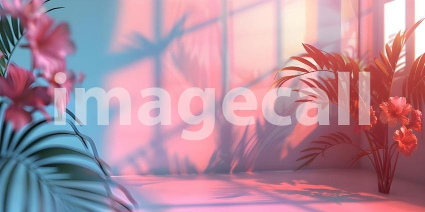 Abstract studio background for product presentation room with shadows, flowers - Ai Generated