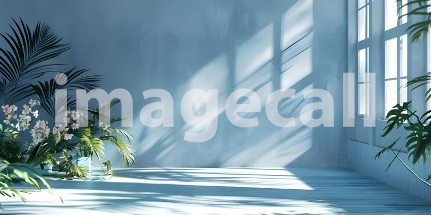 Abstract studio background for product presentation room with shadows, flowers - Ai Generated