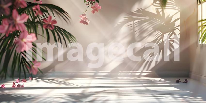 Abstract studio background for product presentation room with shadows, flowers - Ai Generated