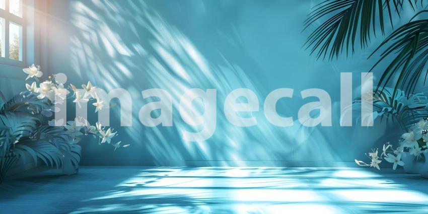 Abstract studio background for product presentation room with shadows, flowers - Ai Generated