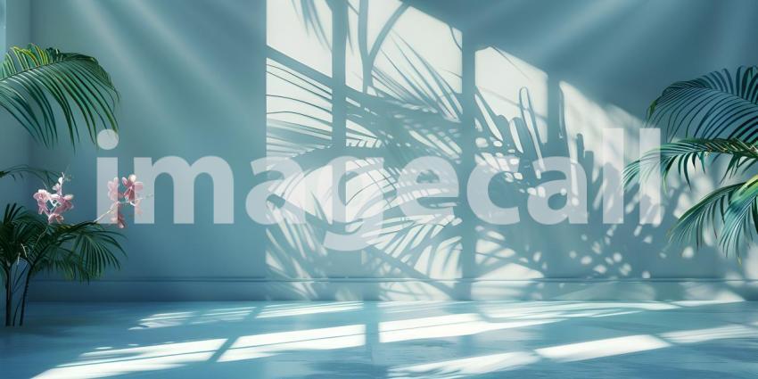 Abstract studio background for product presentation room with shadows, flowers - Ai Generated