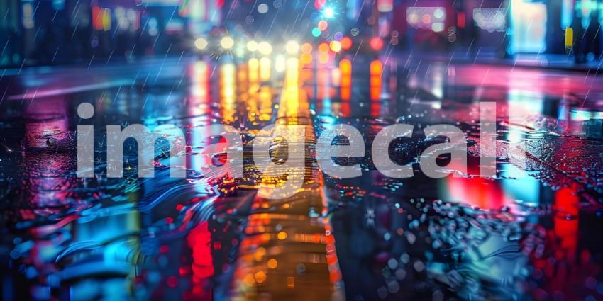 Colorful City Lights Reflecting on Wet Road Background: Rainy Urban Night, Rainy Night in the Big City - Ai Generated