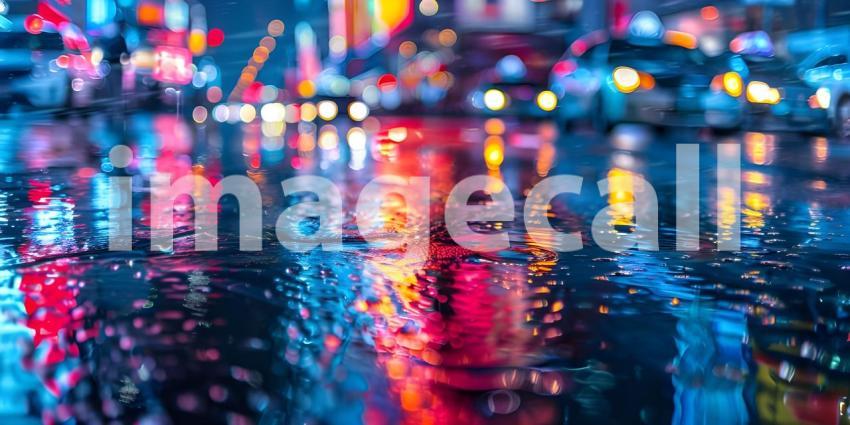 Colorful City Lights Reflecting on Wet Road Background: Rainy Urban Night, Rainy Night in the Big City - Ai Generated