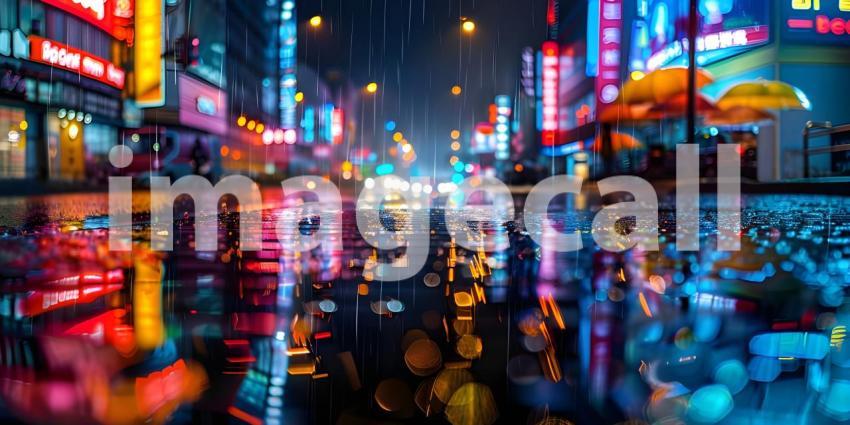 Colorful City Lights Reflecting on Wet Road Background: Rainy Urban Night, Rainy Night in the Big City - Ai Generated