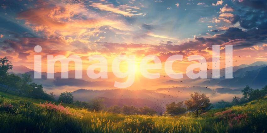 Summer Sunrise Natural Background, Background of Natural Summer Sunrise, Sunrise Landscape - Ai Generated