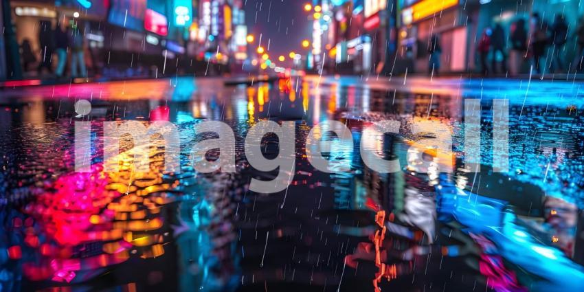 Colorful City Lights Reflecting on Wet Road Background: Rainy Urban Night, Rainy Night in the Big City - Ai Generated