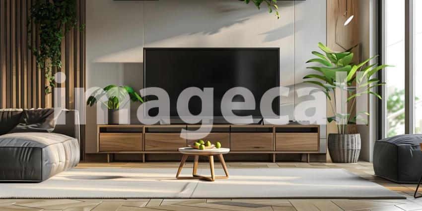 Minimalist Living Room: Television on TV Stand with Modern Table in Background - Ai Generated