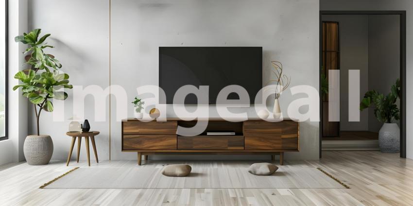 Minimalist Living Room: Television on TV Stand with Modern Table in Background - Ai Generated