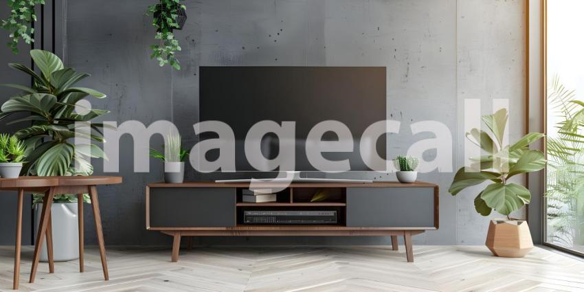 Minimalist Living Room: Television on TV Stand with Modern Table in Background - Ai Generated