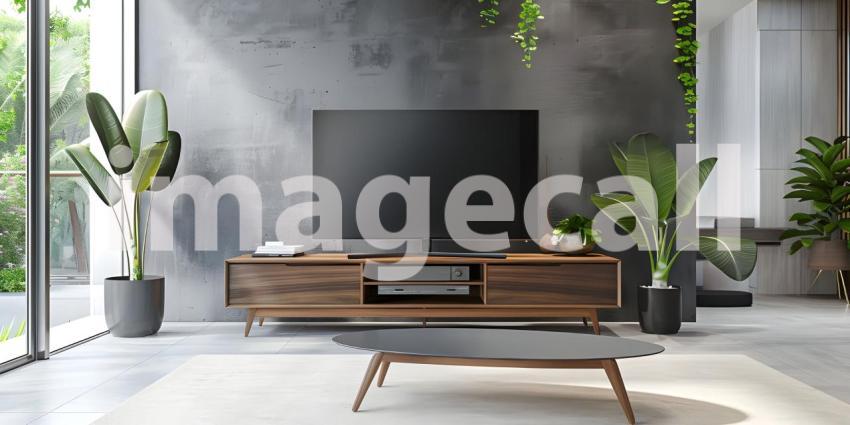 Minimalist Living Room: Television on TV Stand with Modern Table