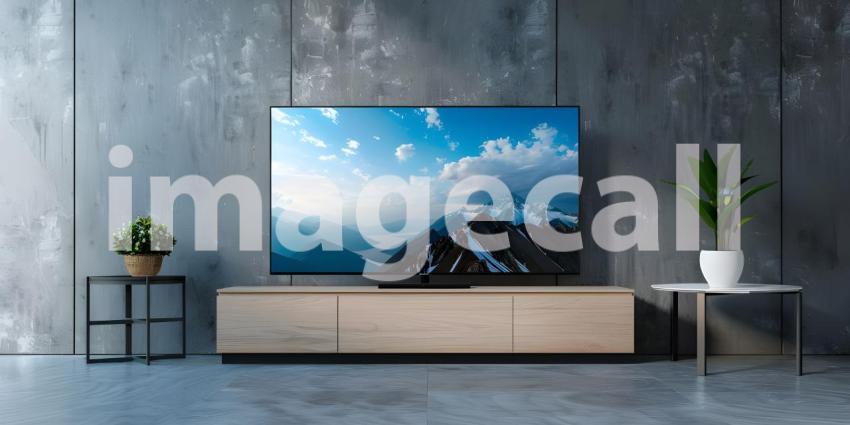 Minimalist Living Room: Television on TV Stand with Modern Table in Background - Ai Generated