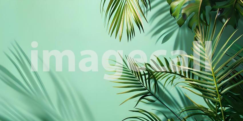 Colorful Background with Tropical Palm Leaves, Vibrant Color Background with copy space- Ai Generated