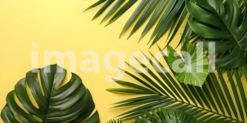 Colorful Background with Tropical Palm Leaves, Vibrant Color Background with copy space- Ai Generated