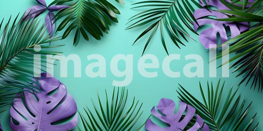 Colorful Background with Tropical Palm Leaves, Vibrant Color Background with copy space- Ai Generated