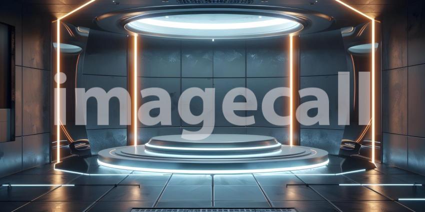 Abstract background with neon lines, round podium in dark room with concrete wall - Ai Generated