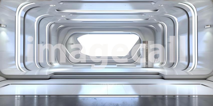 Abstract background with neon lines, round podium in dark room with concrete wall - Ai Generated