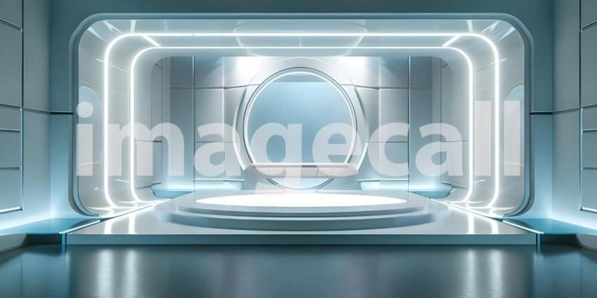 Abstract background with neon lines, round podium in dark room with concrete wall - Ai Generated
