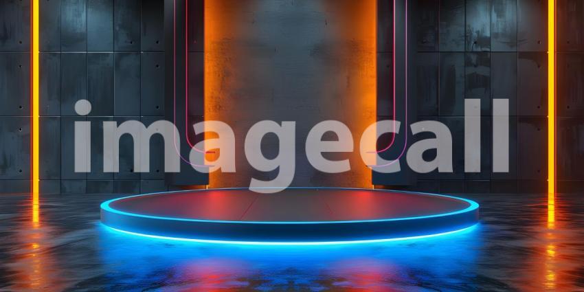 Abstract background with neon lines, round podium in dark room with concrete wall - Ai Generated