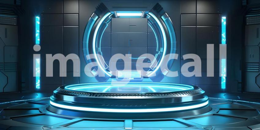 Abstract background with neon lines, round podium in dark room with concrete wall - Ai Generated