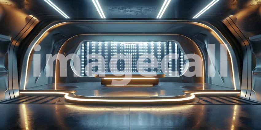 Abstract background with neon lines, round podium in dark room with concrete wall - Ai Generated