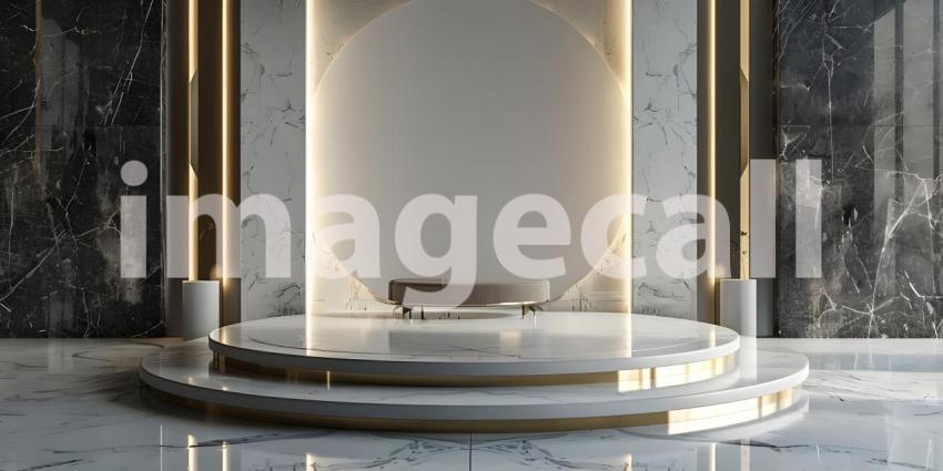 Minimalist scene with round podium and geometric shapes for product presentation - Ai Generated