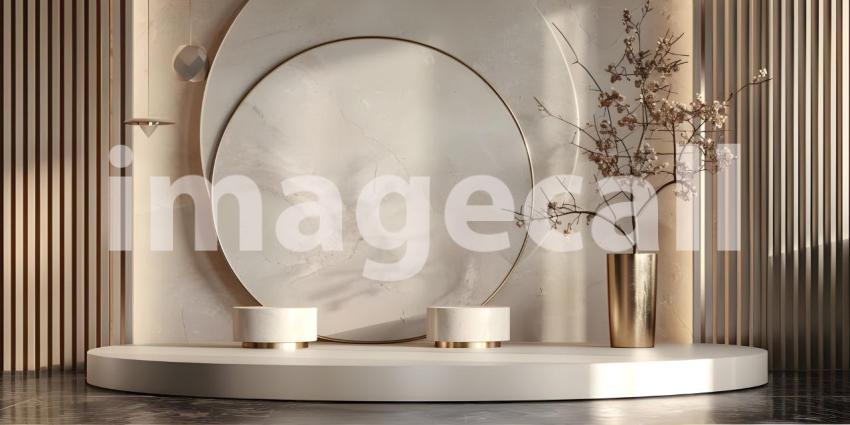 Minimalist scene with round podium and geometric shapes for product presentation - Ai Generated