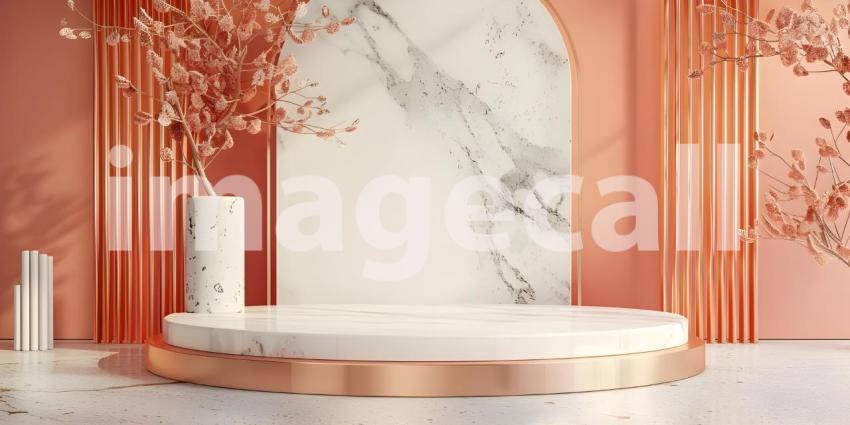 Minimalist scene with round podium and geometric shapes for product presentation - Ai Generated