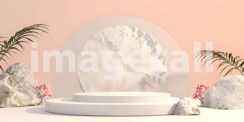 Minimalist scene with round podium and geometric shapes for product presentation - Ai Generated