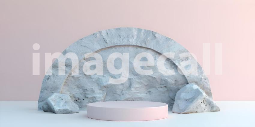 Minimalist scene with round podium and geometric shapes for product presentation - Ai Generated
