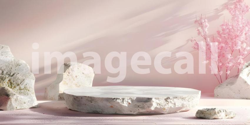 Minimalist scene with round podium and geometric shapes for product presentation - Ai Generated