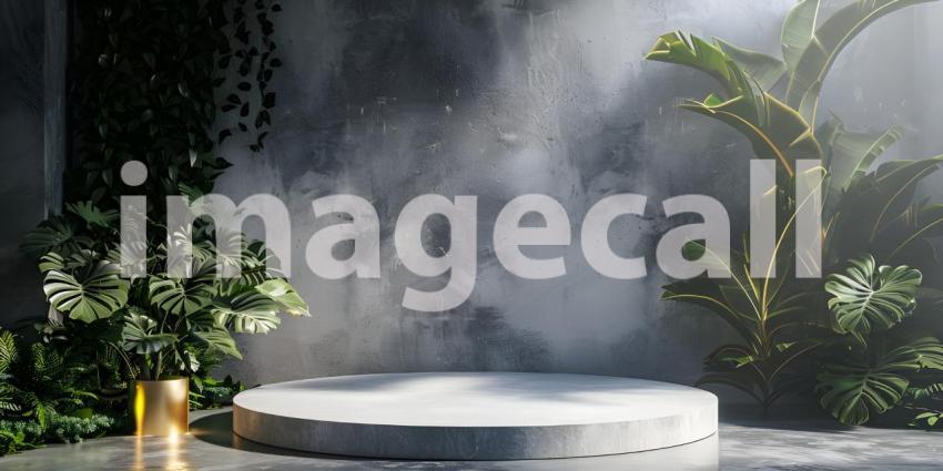Minimalist scene with round podium and geometric shapes for product presentation - Ai Generated