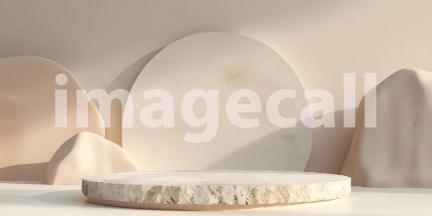 Minimalist scene with round podium and geometric shapes for product presentation - Ai Generated