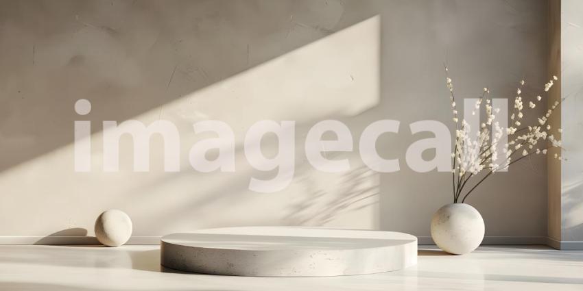 Minimalist scene with round podium and geometric shapes for product presentation - Ai Generated