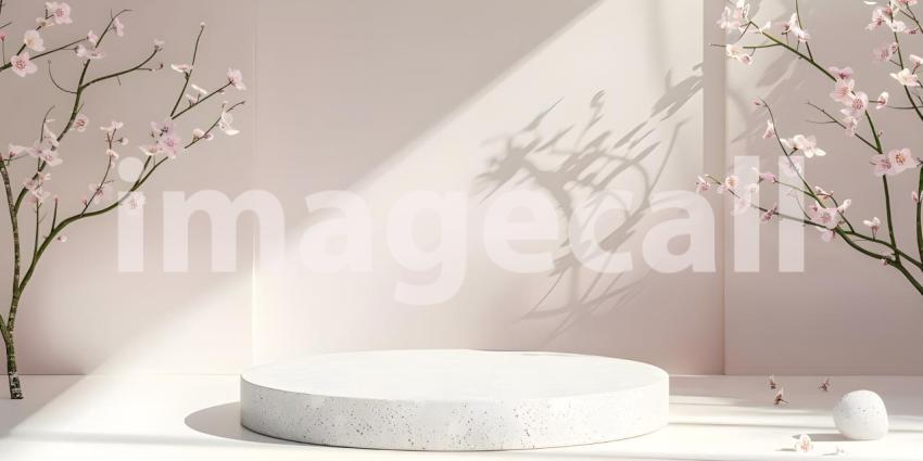 Minimalist scene with round podium and geometric shapes for product presentation - Ai Generated