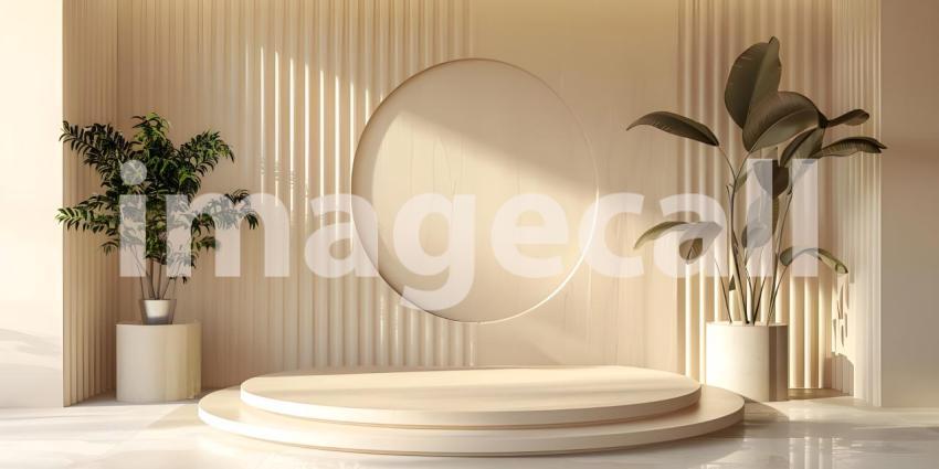 Minimalist scene with round podium and geometric shapes for product presentation - Ai Generated